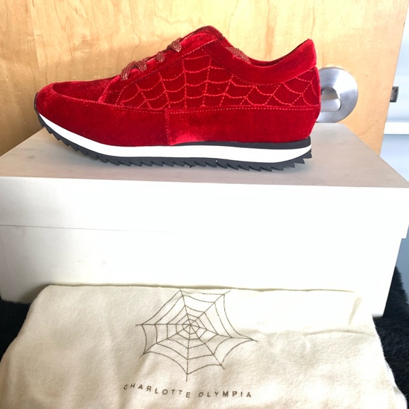 Charlotte Olympia Red Velvet Work It Trainers Sneakers - Picture 3 of 9